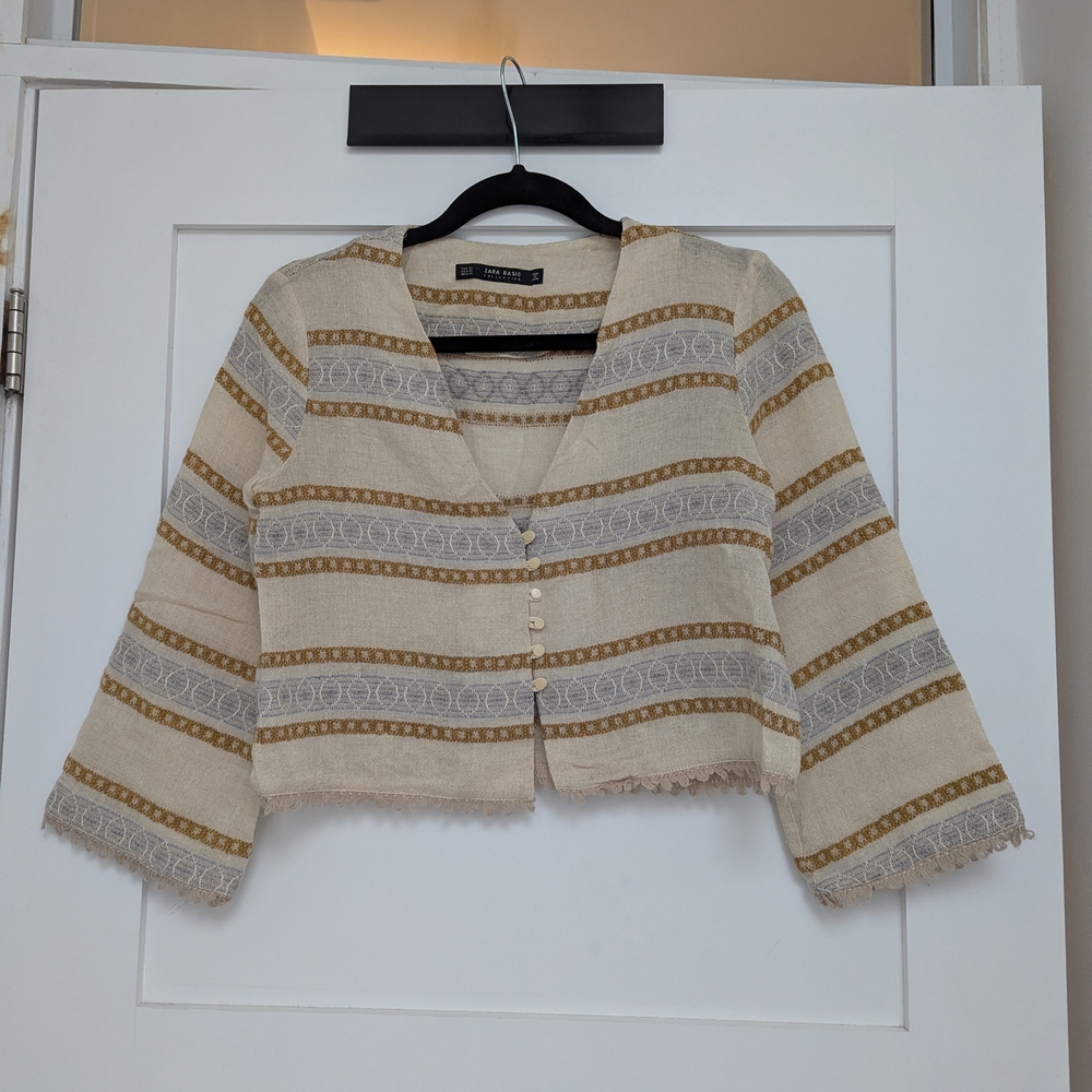 Zara Beige and Gold Striped Cropped Cardigan